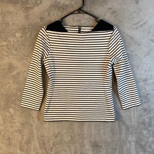 Caslon Knit Top Womens Small Striped 3/4 Sleeve Back Zip Black White EUC